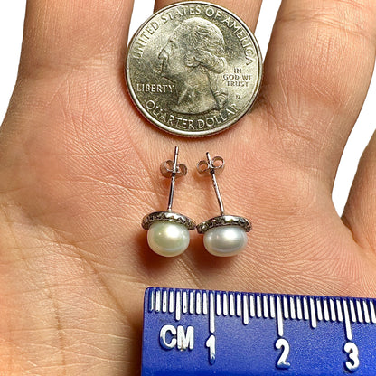 Pearl Stud Earrings 925 Sterling Silver 9mm Halo Faux Pearl Elegant Gift