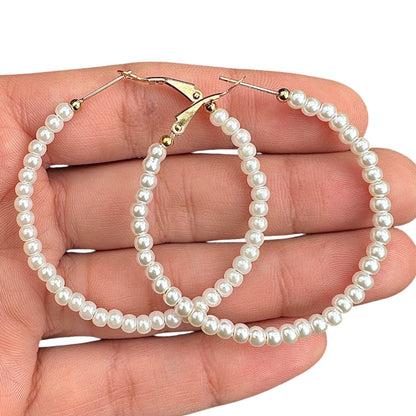 Pearl Hoop Earrings 50mm Simulated Pearl Gold Tone Hoops