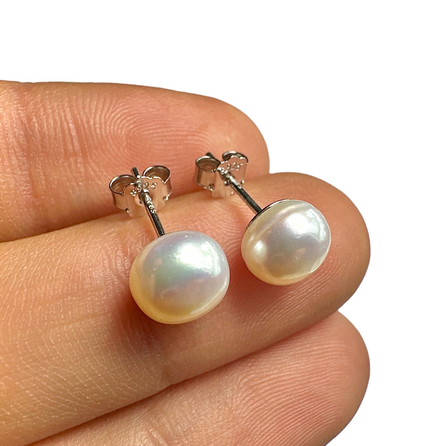 8mm Pearl Stud Earrings — Freshwater Pearl 925 Sterling Silver Rhodium Plated