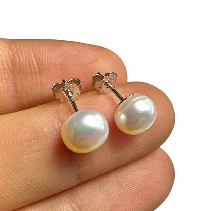 8mm Pearl Stud Earrings — Freshwater Pearl 925 Sterling Silver Rhodium Plated