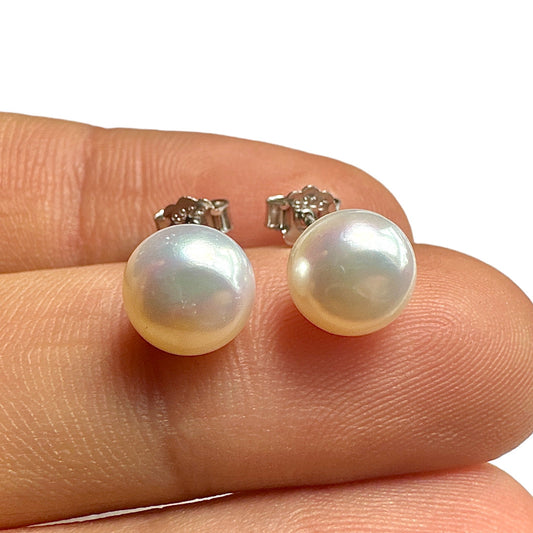 8mm Pearl Stud Earrings — Freshwater Pearl 925 Sterling Silver Rhodium Plated