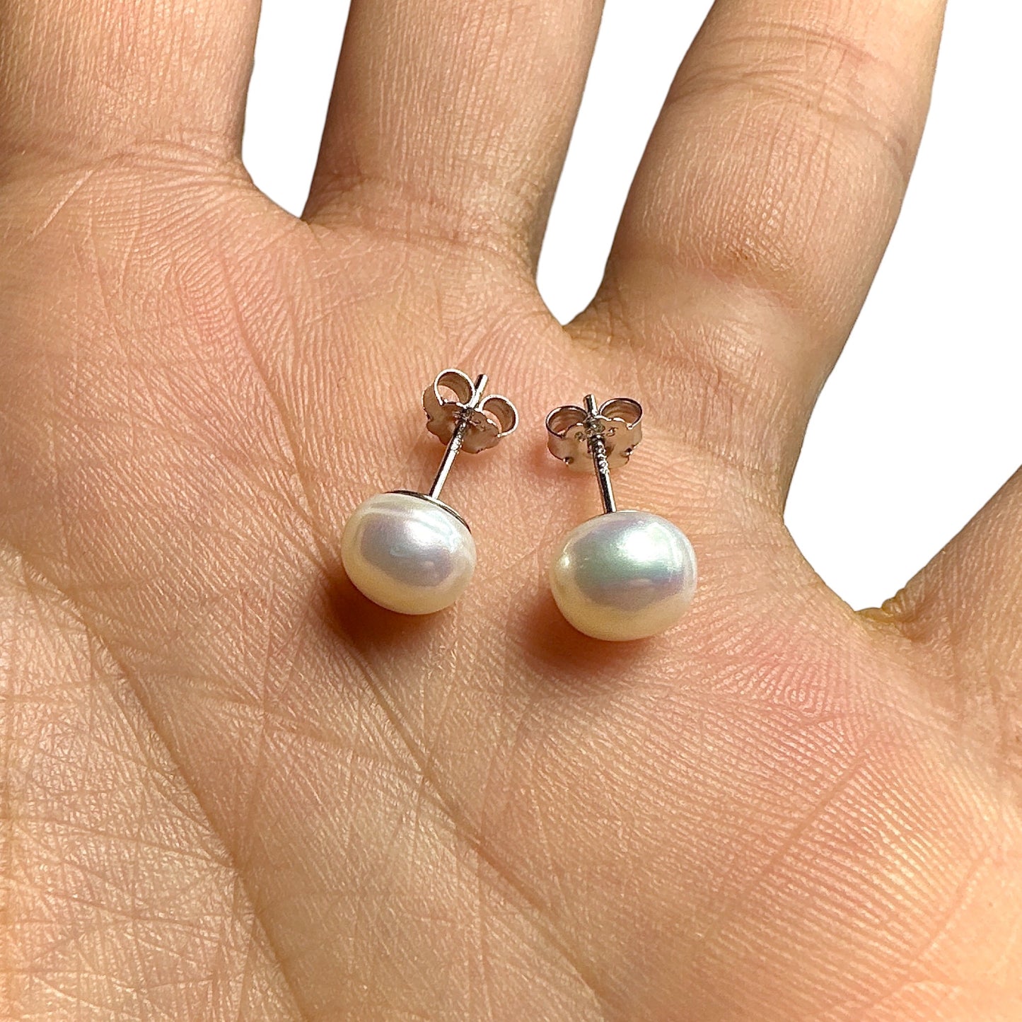 8mm Pearl Stud Earrings — Freshwater Pearl 925 Sterling Silver Rhodium Plated