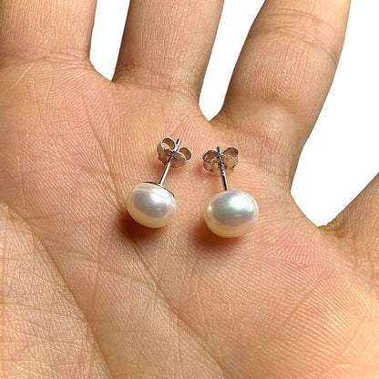 8mm Pearl Stud Earrings — Freshwater Pearl 925 Sterling Silver Rhodium Plated