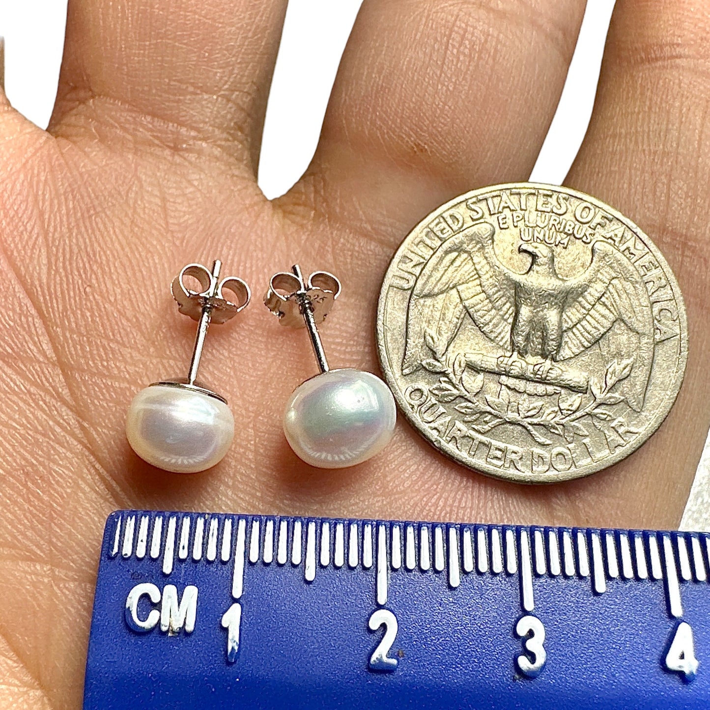 8mm Pearl Stud Earrings — Freshwater Pearl 925 Sterling Silver Rhodium Plated