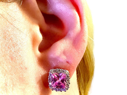 Cushion Cut Pink Tourmaline Halo CZ Sterling Silver Studs Earrings - LEOPRA