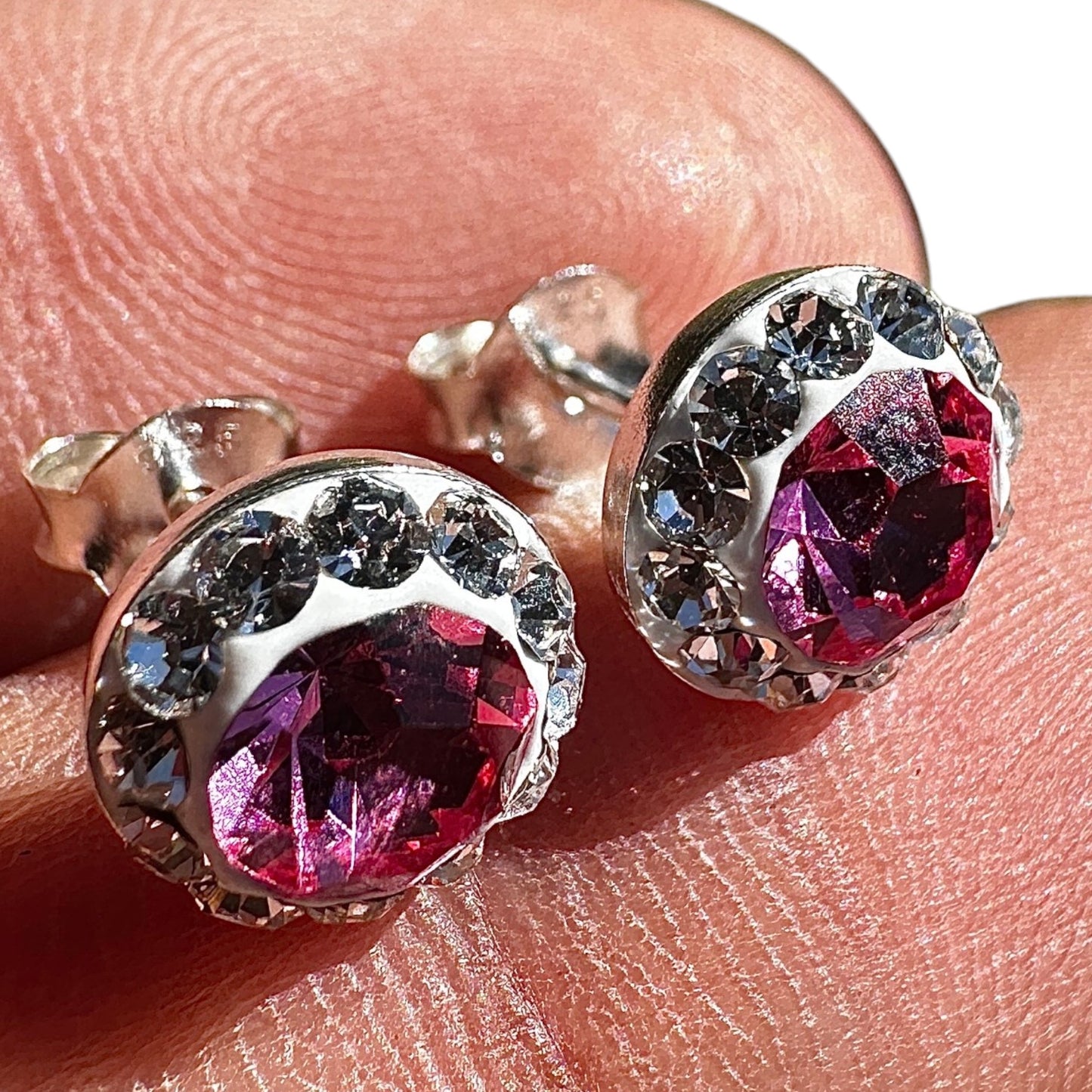 Crystal Stud Earrings 9mm Sterling Silver Pink Halo