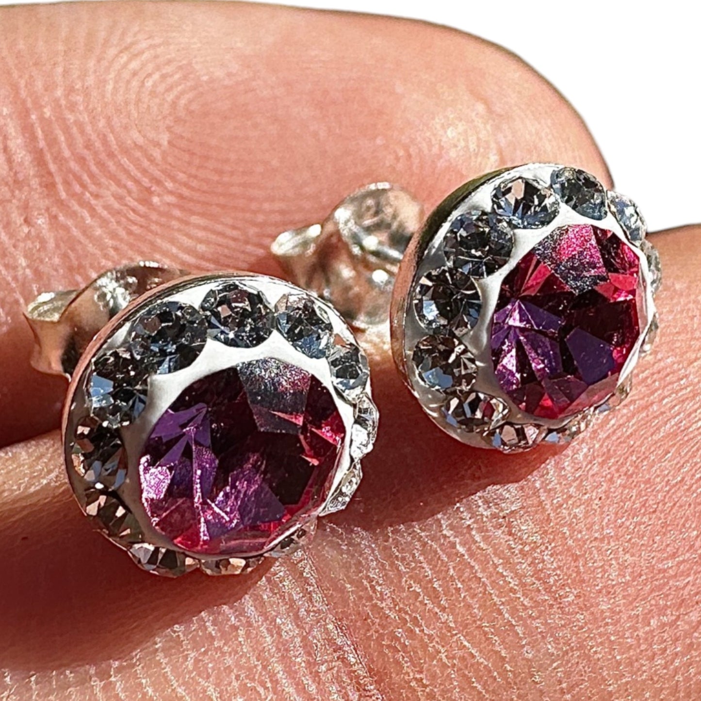 Crystal Stud Earrings 9mm Sterling Silver Pink Halo