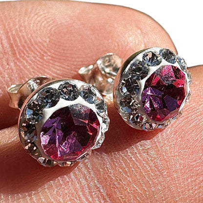 Crystal Stud Earrings 9mm Sterling Silver Pink Halo