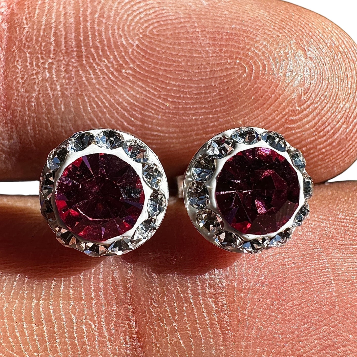 Crystal Stud Earrings 9mm Sterling Silver Pink Halo