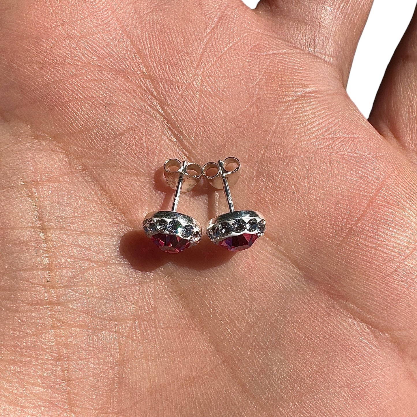 Crystal Stud Earrings 9mm Sterling Silver Pink Halo