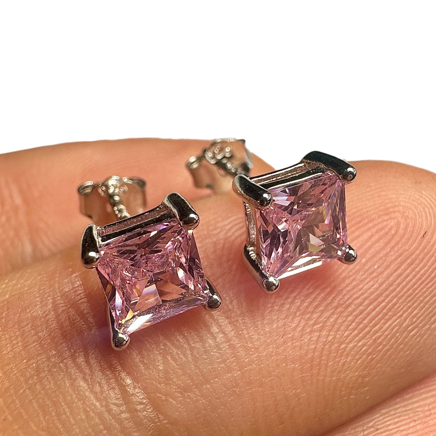5mm Pink CZ Stud Earrings — 925 Sterling Silver Square Princess Cut