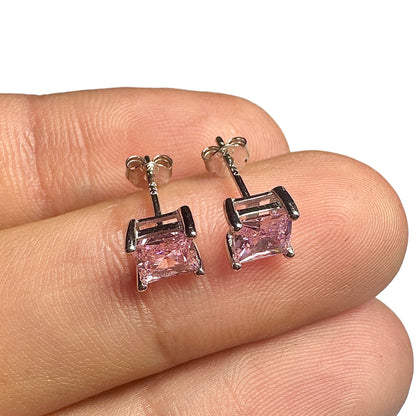 5mm Pink CZ Stud Earrings — 925 Sterling Silver Square Princess Cut