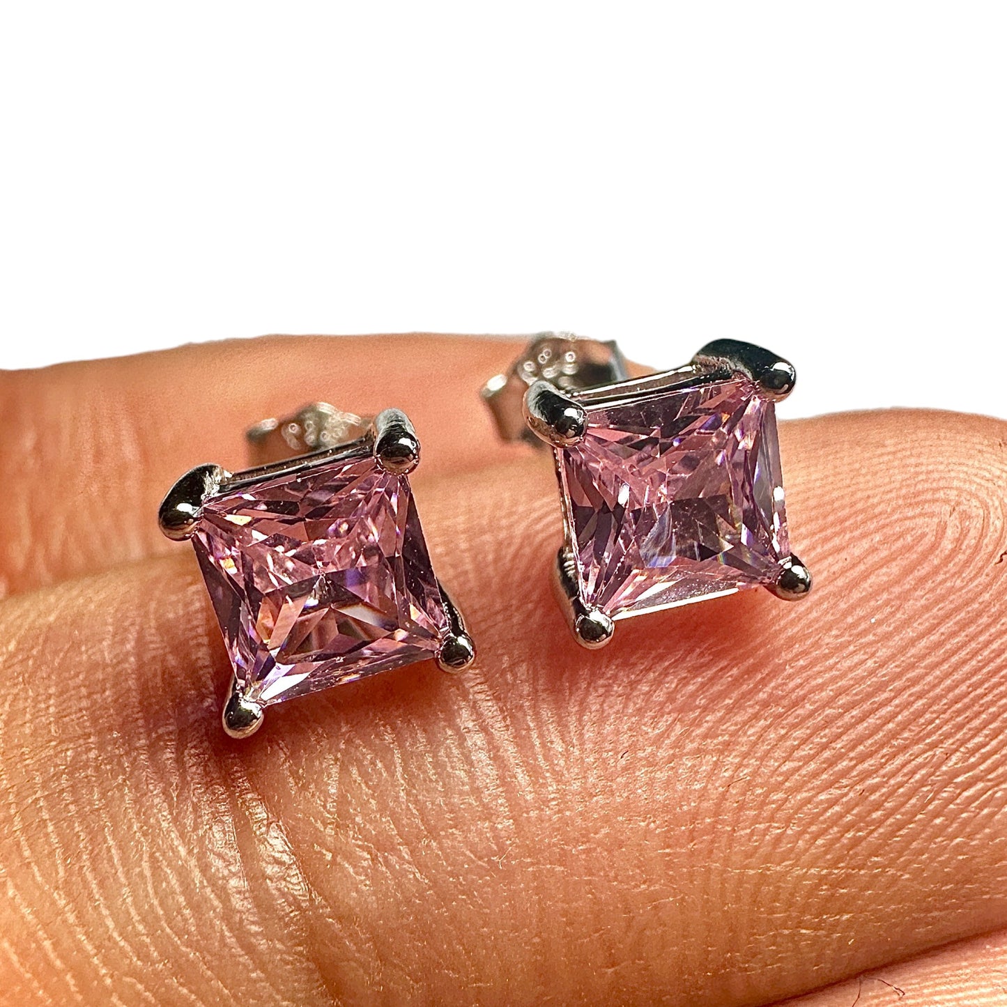 5mm Pink CZ Stud Earrings — 925 Sterling Silver Square Princess Cut