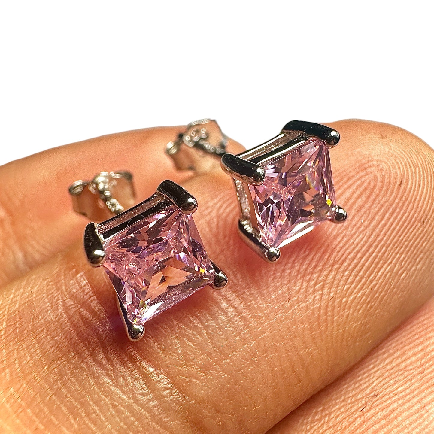 5mm Pink CZ Stud Earrings — 925 Sterling Silver Square Princess Cut