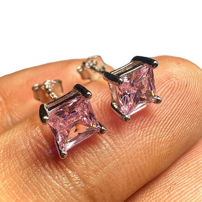 5mm Pink CZ Stud Earrings — 925 Sterling Silver Square Princess Cut