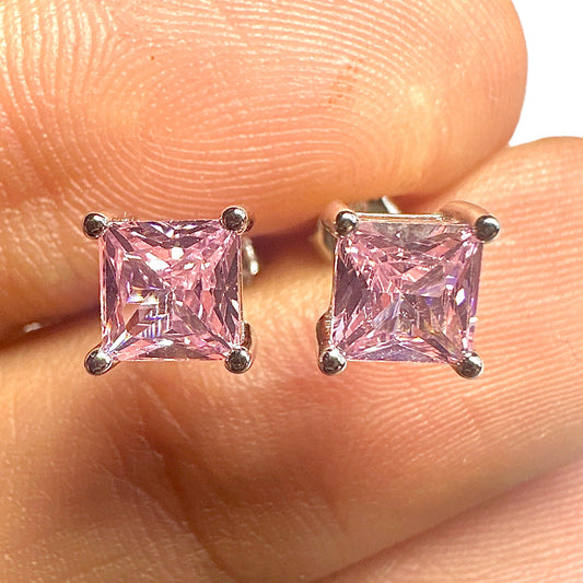 5mm Pink CZ Stud Earrings — 925 Sterling Silver Square Princess Cut