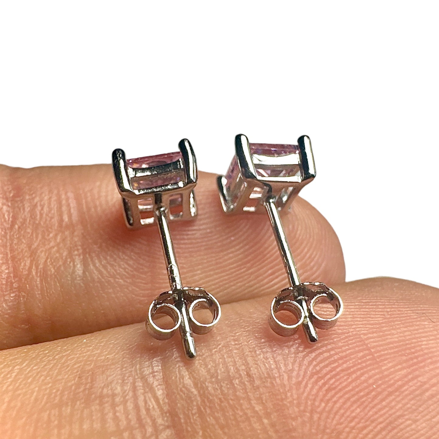 5mm Pink CZ Stud Earrings — 925 Sterling Silver Square Princess Cut
