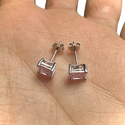 5mm Pink CZ Stud Earrings — 925 Sterling Silver Square Princess Cut