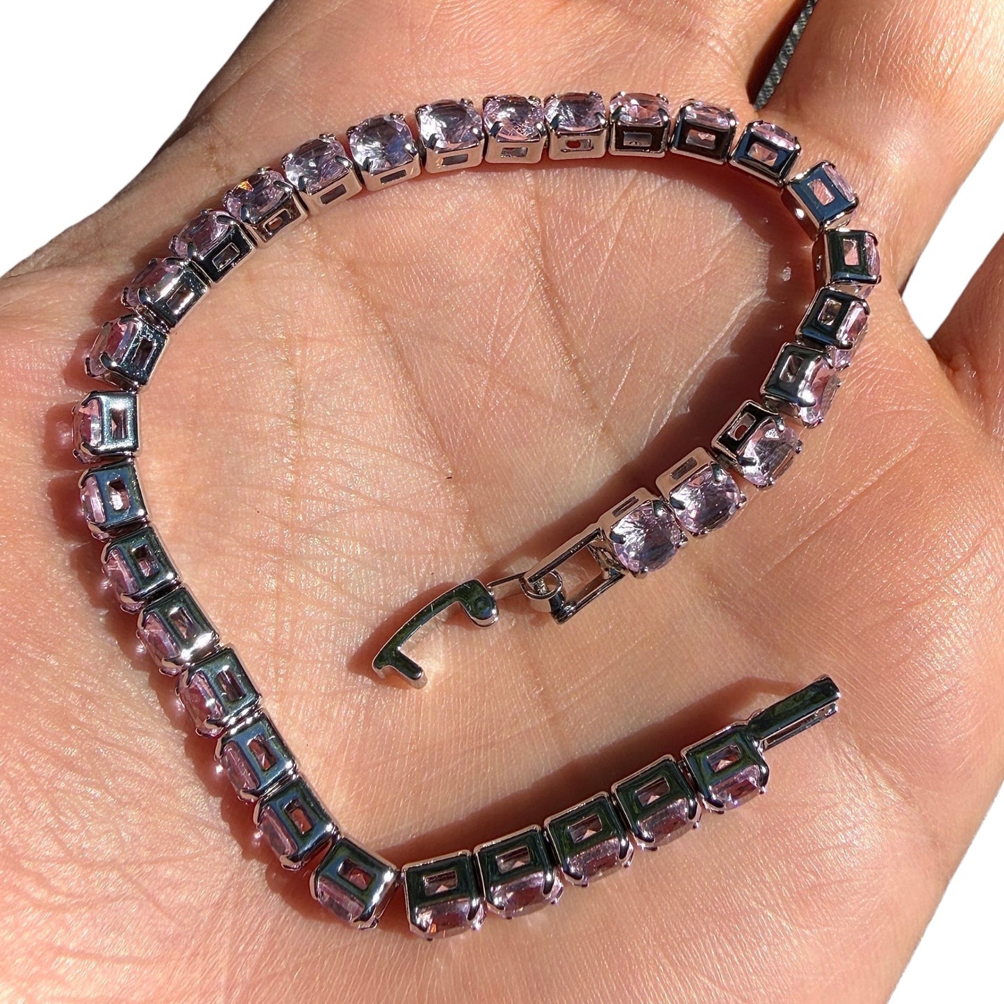 Pink Tennis Bracelet Silver Plated 6.7 Inch or 7.5 Inch