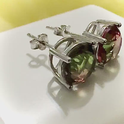 925 Sterling Silver Watermelon Tourmaline Stud Earrings for Women 6MM Birthstone Gift