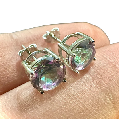 925 Sterling Silver Rainbow Mystic Topaz Stud Earrings for Women 6MM - leoshopdeals