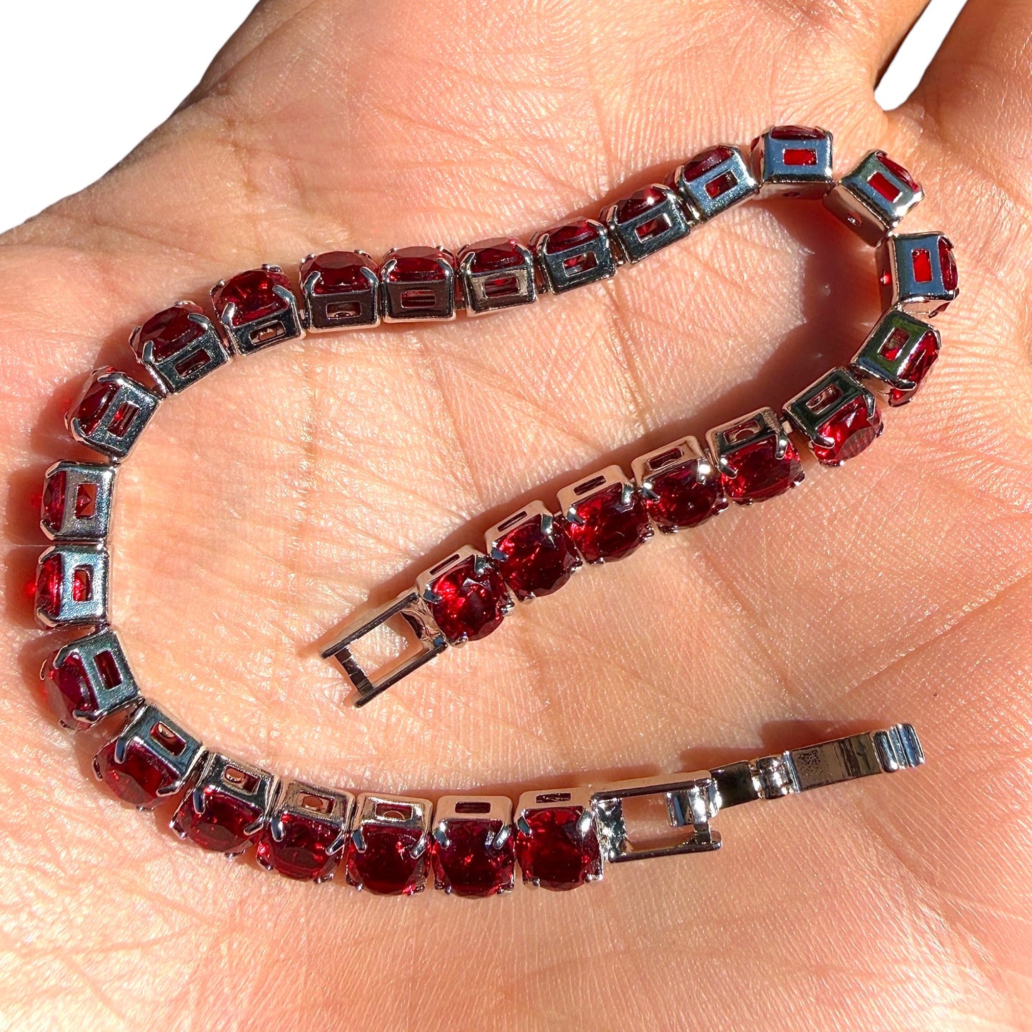 Red Tennis Bracelet Silver Plated 6.7 Inch or 7.5 Inch