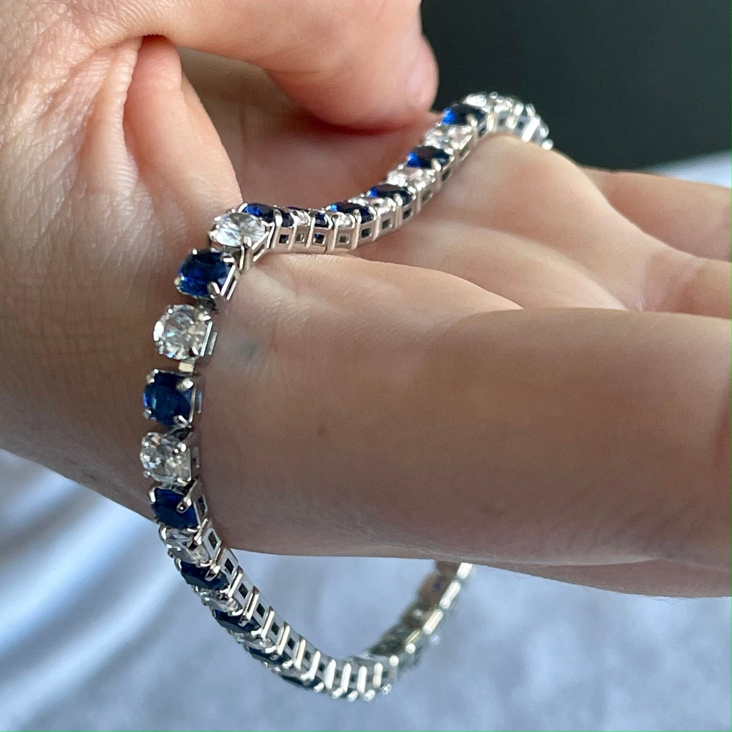 Blue Sapphire 18K White Gold Plated Tennis Bracelet 7.5 Inches - leoshopdeals