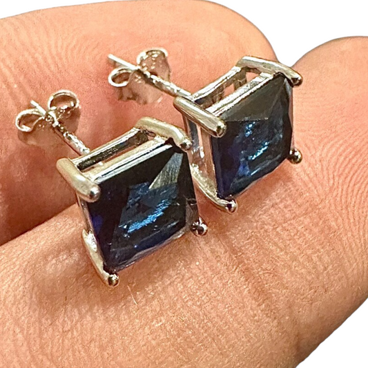 925 Sterling Silver Princess Cut Blue Sapphire Stud Earrings for Women 6MM - leoshopdeals