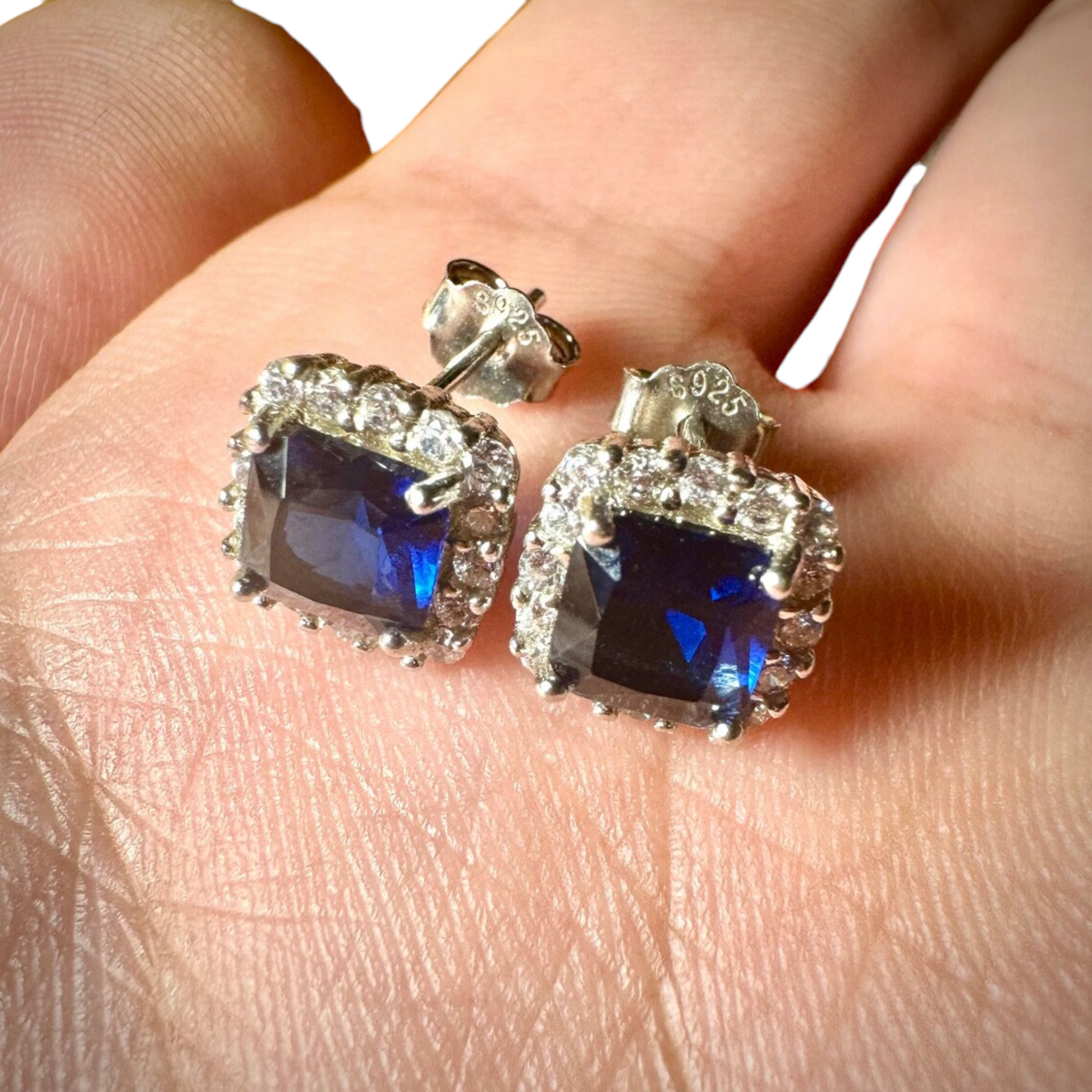 Blue Sapphire & White Topaz Stud Earrings for Women 925 Sterling Silver - leoshopdeals