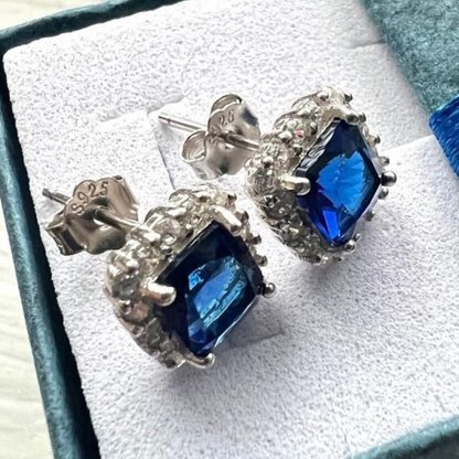 Blue Sapphire & White Topaz Stud Earrings for Women 925 Sterling Silver - leoshopdeals