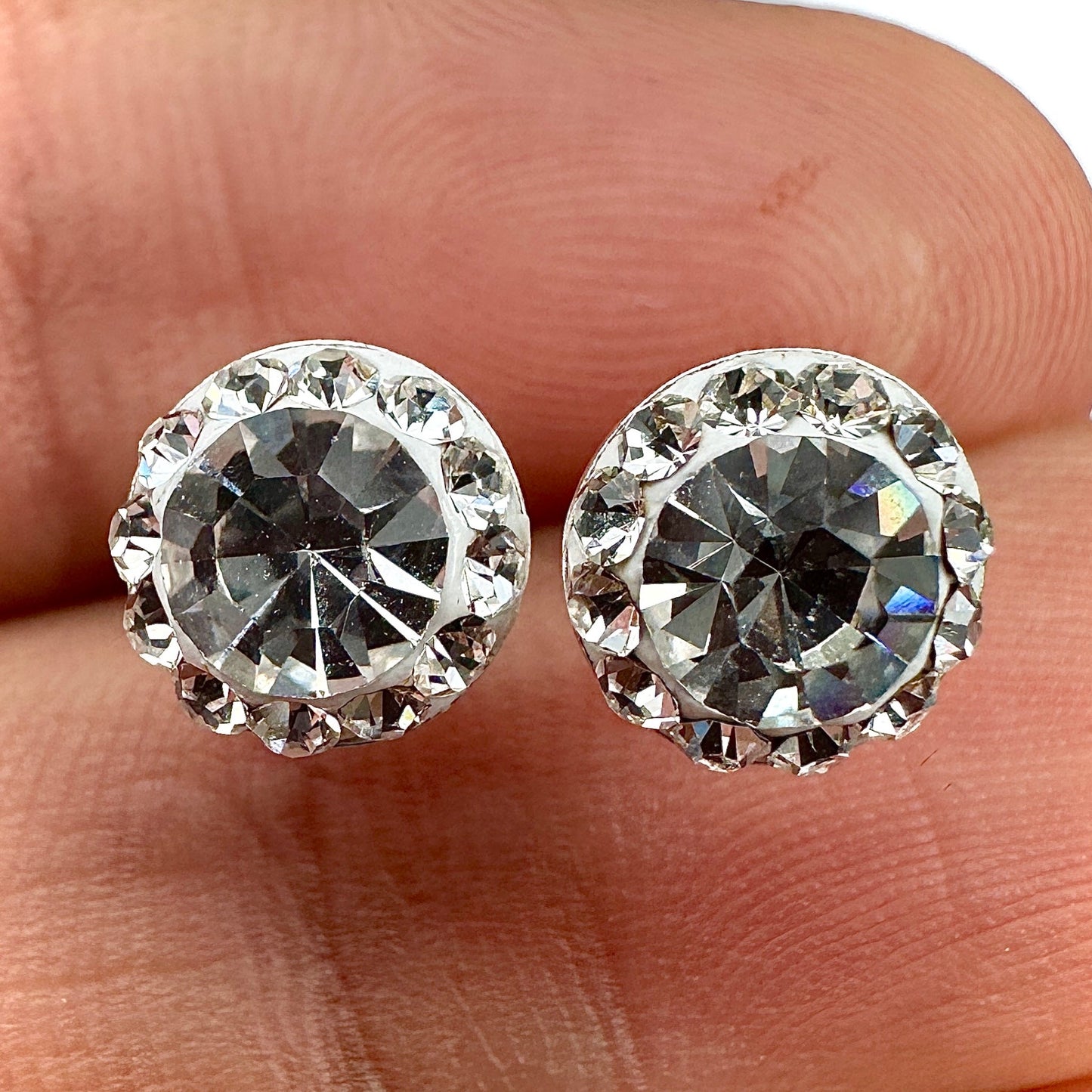 Sterling Silver Stud  Earrings 925 Crystal Halo Round Stud Earrings