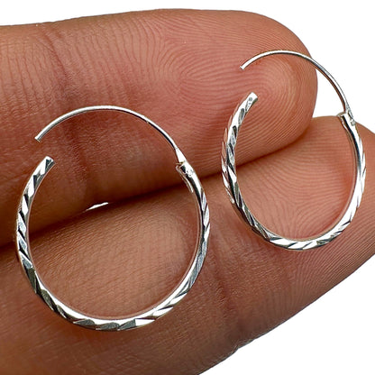 925 Sterling Silver Diamond Cut Hoop Earrings 16mm Thin Lightweight Hoops