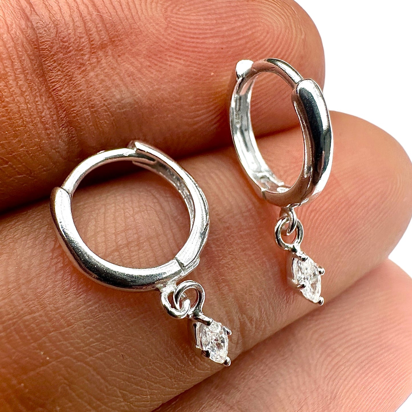 Beautiful Sterling Silver Huggie Hoop Earrings – Marquise CZ Drop Dangle
