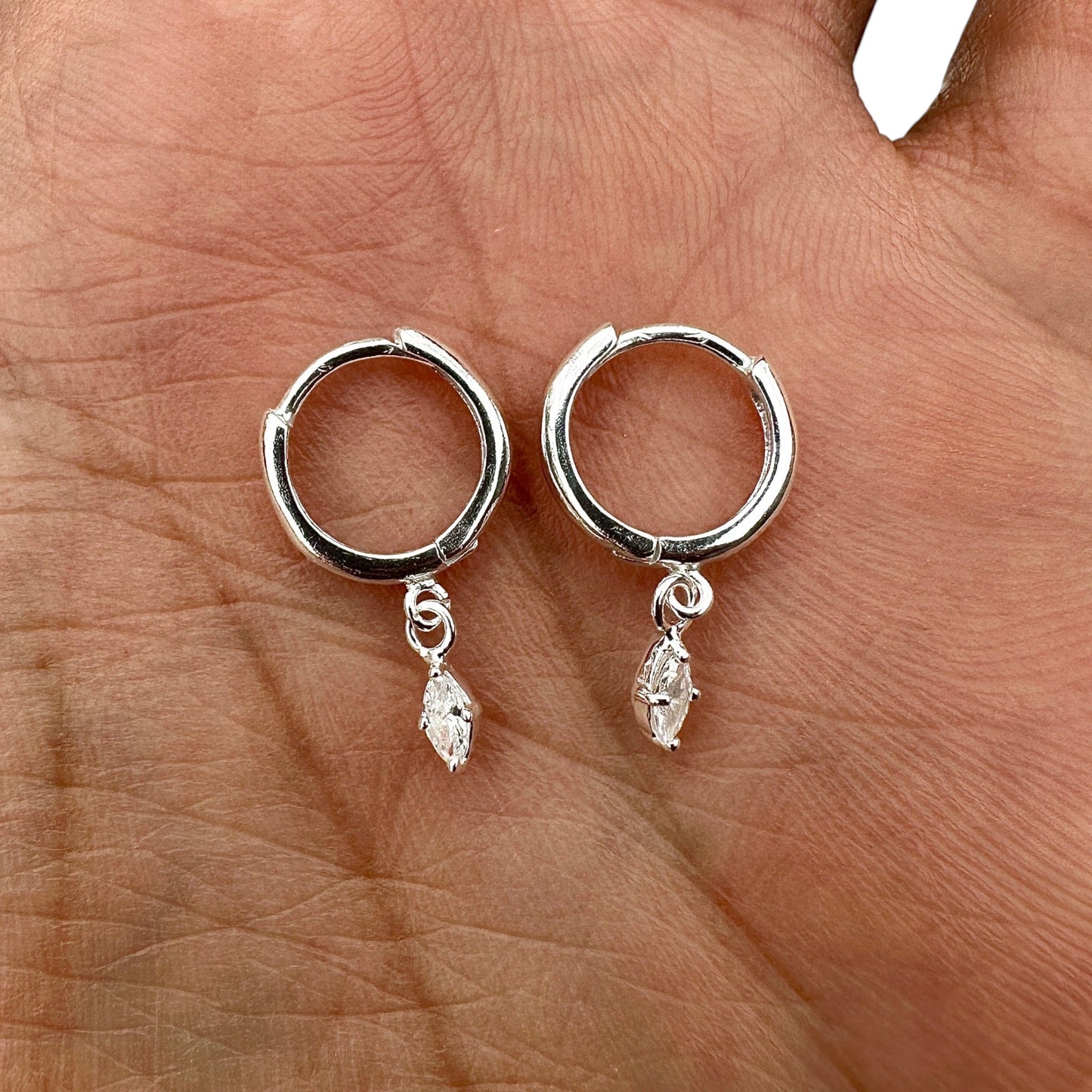Beautiful Sterling Silver Huggie Hoop Earrings – Marquise CZ Drop Dangle