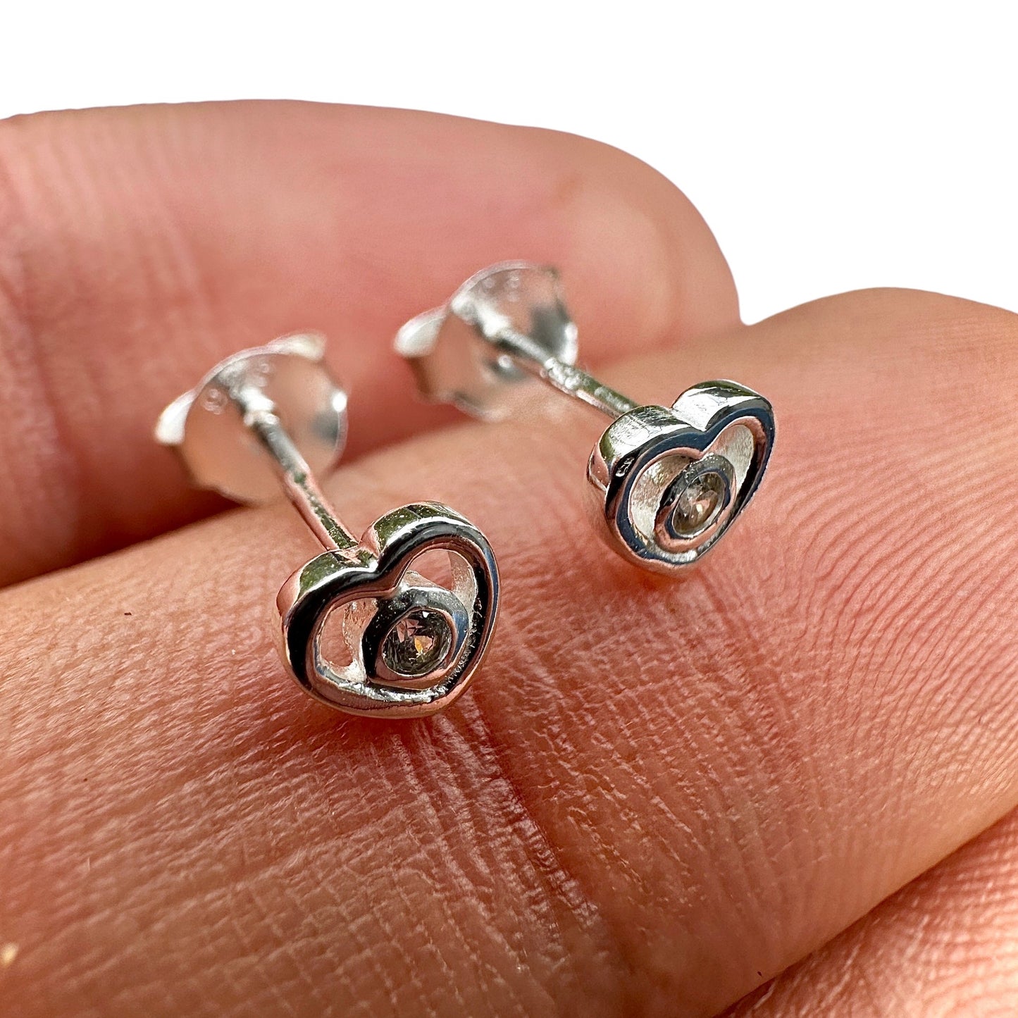 Silver Heart Stud Earrings 925 Sterling Silver CZ Minimalist
