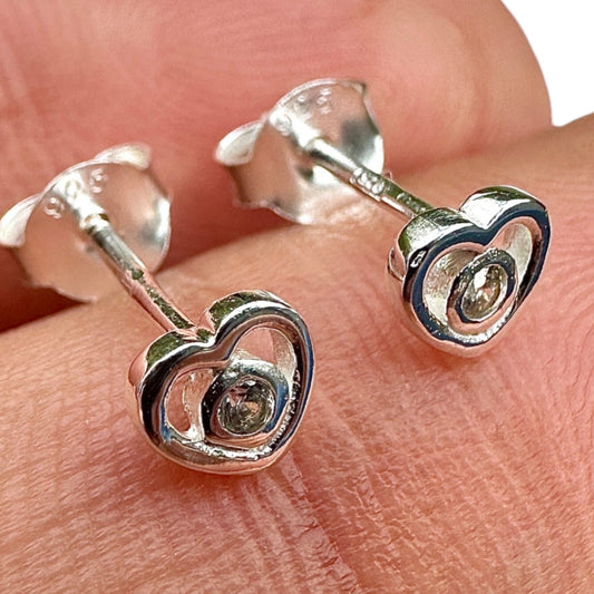 Silver Heart Stud Earrings 925 Sterling Silver CZ Minimalist