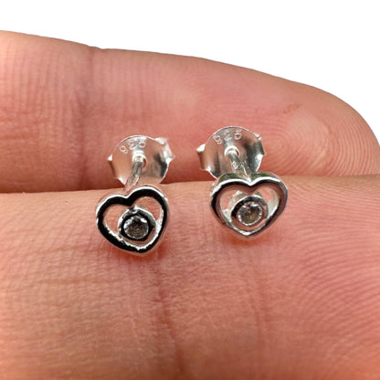Silver Heart Stud Earrings 925 Sterling Silver CZ Minimalist