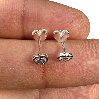 Silver Heart Stud Earrings 925 Sterling Silver CZ Minimalist