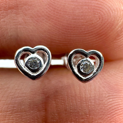 Silver Heart Stud Earrings 925 Sterling Silver CZ Minimalist