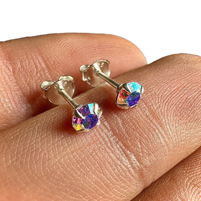 Sterling Silver Crystal Stud Earrings 4mm Tiny Geometric Studs