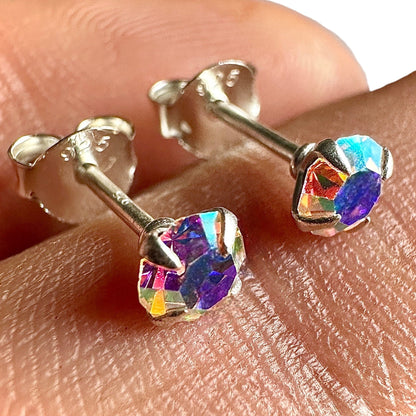 Sterling Silver Crystal Stud Earrings 4mm Tiny Geometric Studs