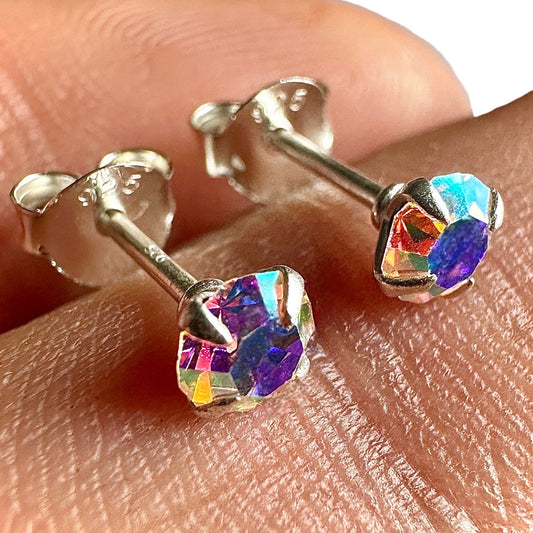 Sterling Silver Crystal Stud Earrings 4mm Tiny Geometric Studs