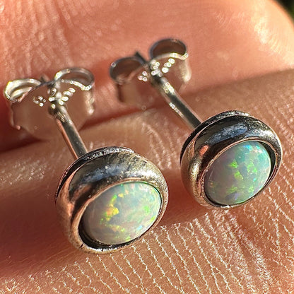 White Opal Stud Earrings 6mm Sterling Silver