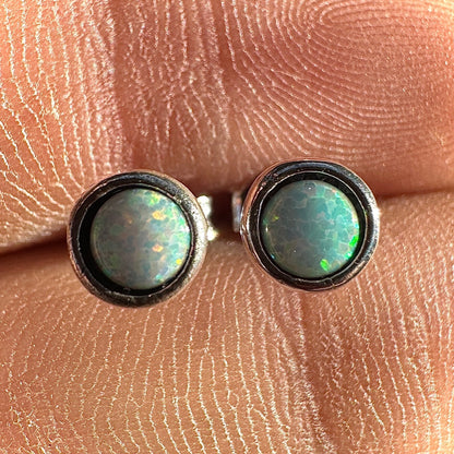White Opal Stud Earrings 6mm Sterling Silver