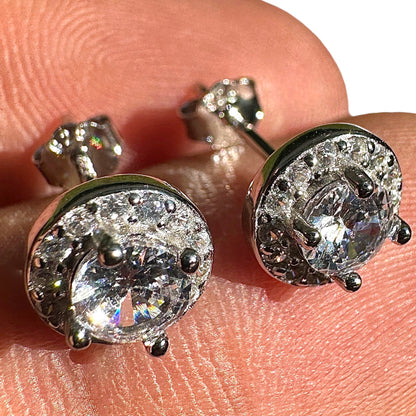 Silver Stud Earrings 8mm Clear CZ 925 Sterling Silver