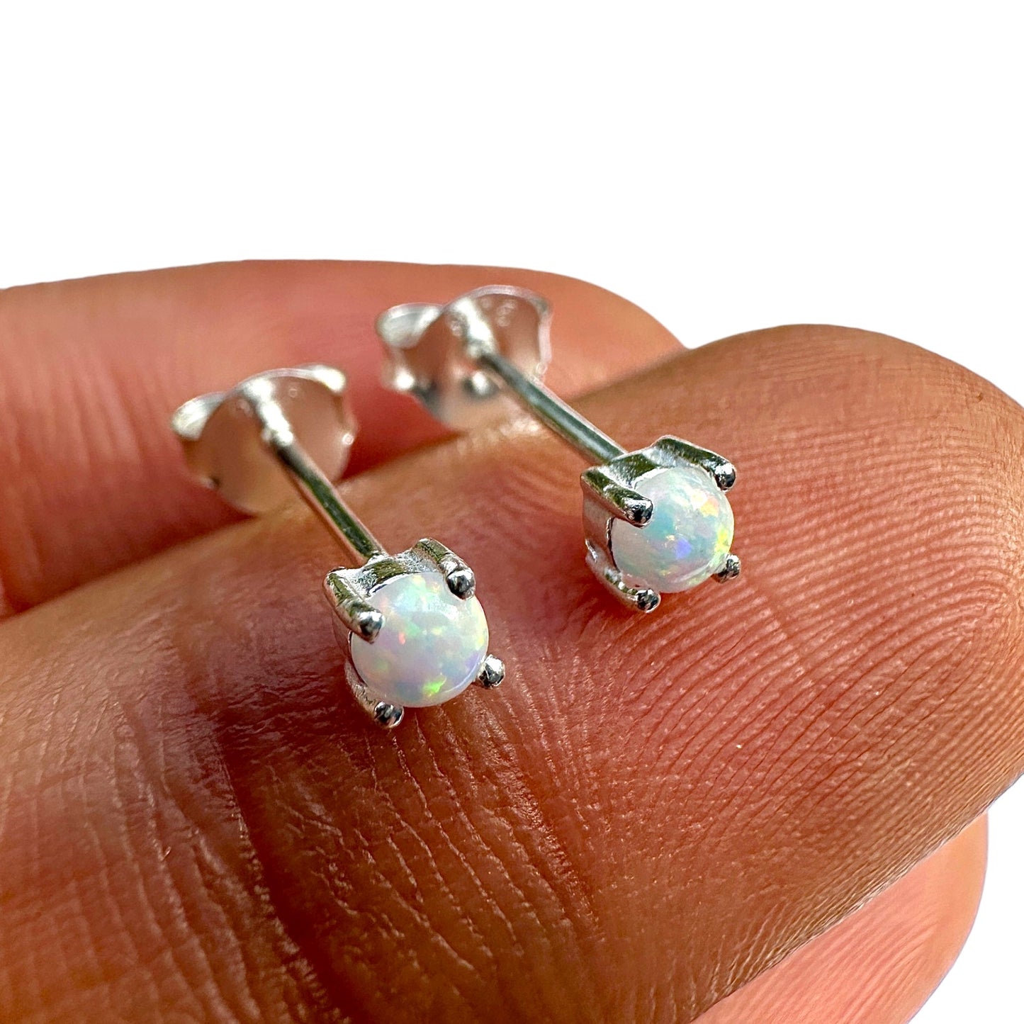 925 Sterling Silver Opal Stud Earrings 3mm Tiny Lab Opal Studs