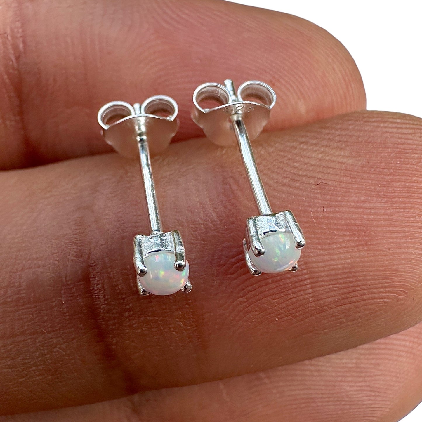 925 Sterling Silver Opal Stud Earrings 3mm Tiny Lab Opal Studs