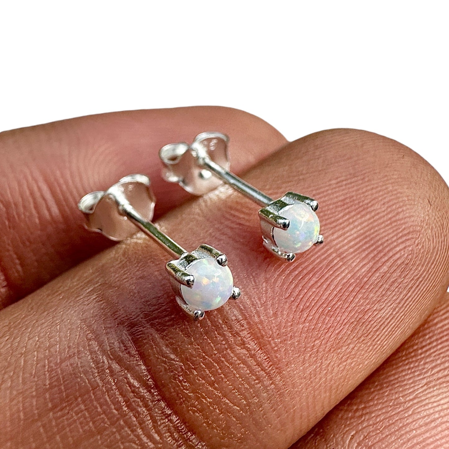 925 Sterling Silver Opal Stud Earrings 3mm Tiny Lab Opal Studs