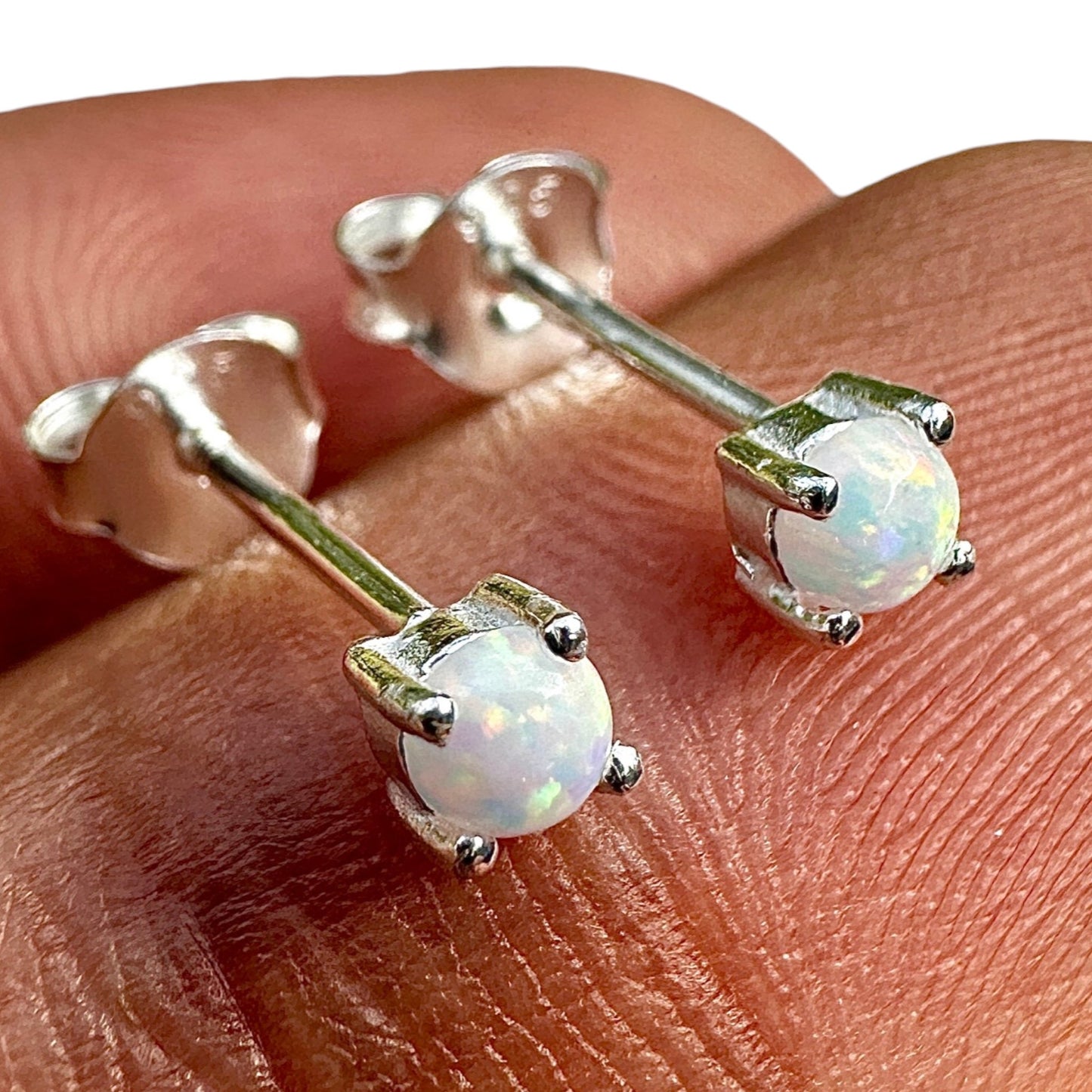 925 Sterling Silver Opal Stud Earrings 3mm Tiny Lab Opal Studs