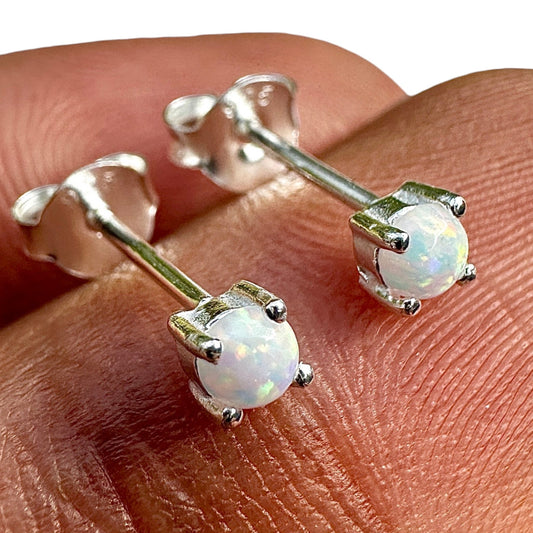 925 Sterling Silver Opal Stud Earrings 3mm Tiny Lab Opal Studs